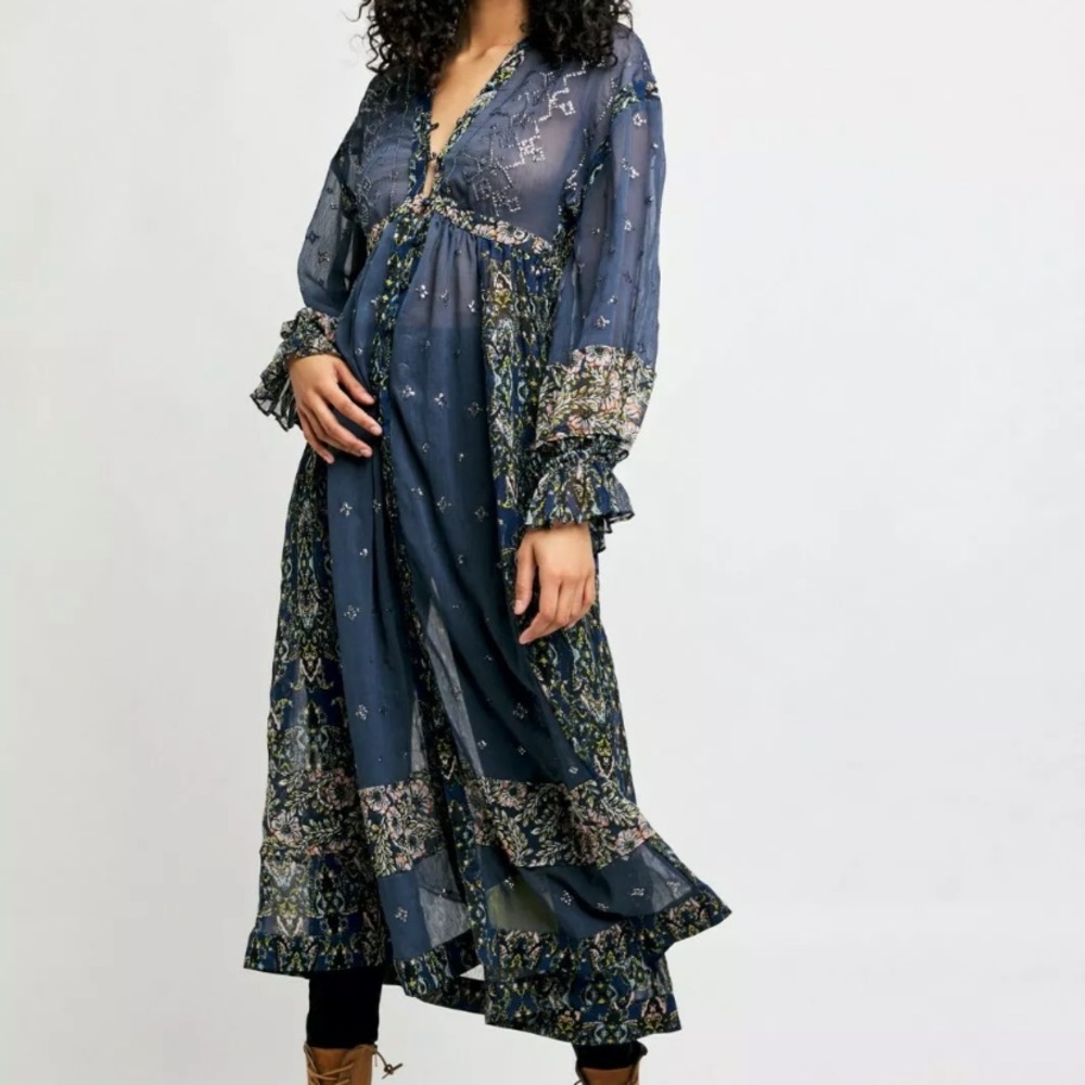 $198 NWT FREE PEOPLE SAMIRA EMBELLISHED LONG SLEEVE CHIFFON MAXI TOP MIDNIGHT